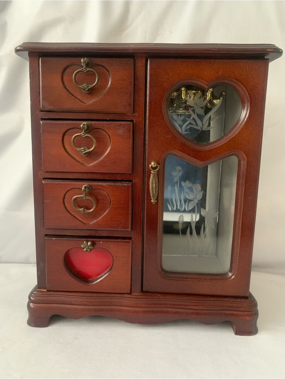 Vintage Mahogany Jewelry Box Rotating Necklace Holder 4 Heart Drawers Mirror
